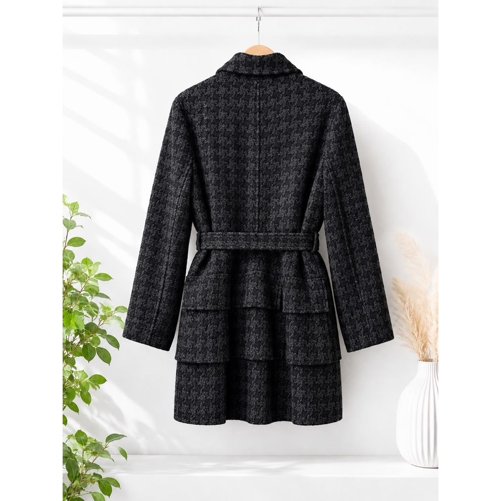 Cynthia Rowley Women's Black Houndstooth Wool Blend Belted Winter Coat Jacket - Picture 6 of 10